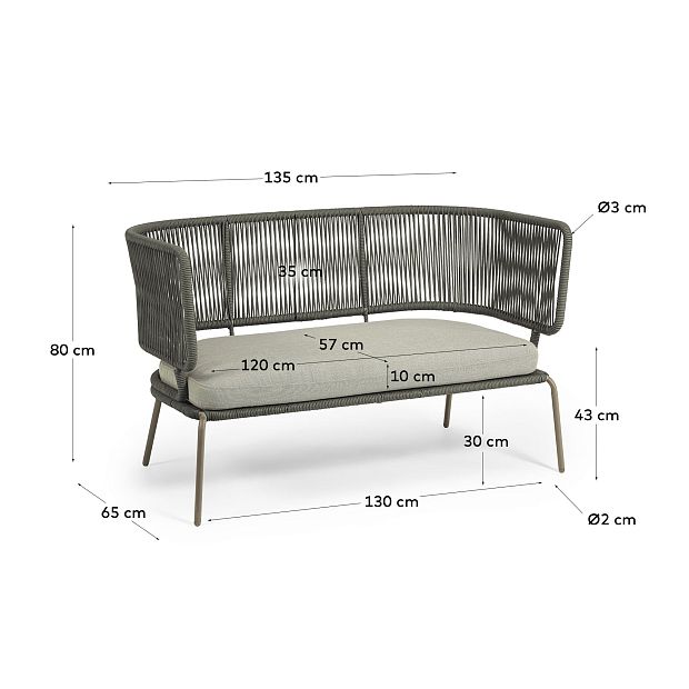 Диван Nadin 2-х местный с зеленой веревкой и оцинкованной сталью 135 см