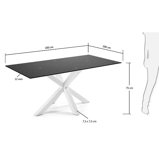 Argo Стол обеденный с белыми ножками из стали и столешницей из черного стекла 200x100