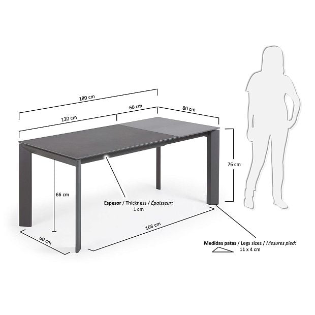 Стол раскладной Atta 120(180) x80 антрацит, керамика Vulcano Roca