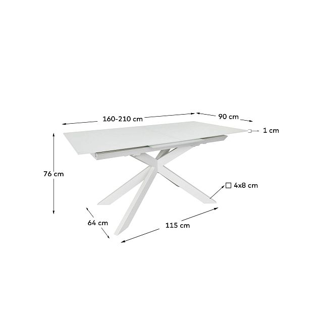 Vashti Раздвижной стол из стекла и МДФ со стальными ножками белого цвета160 (210) x 90 см