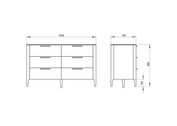 Комод Type oak 6 ящиков ширина 140 см (беленый дуб)