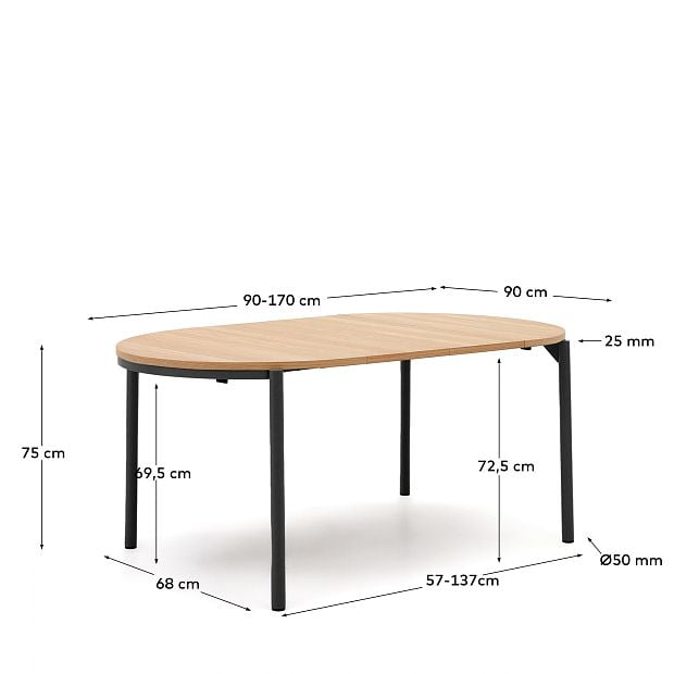 Montuiri Круглый раздвижной стол из дубового шпона с ножками черного цвета, Ø90(130) см