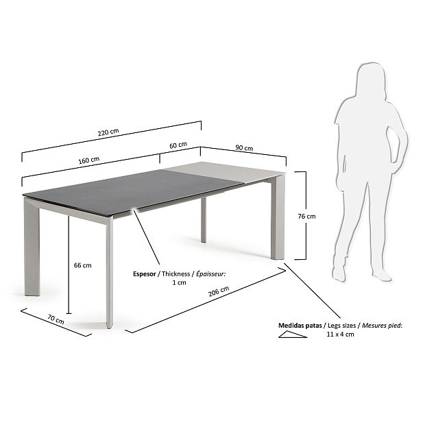 Стол Atta 160 (220) x90 серый керамический