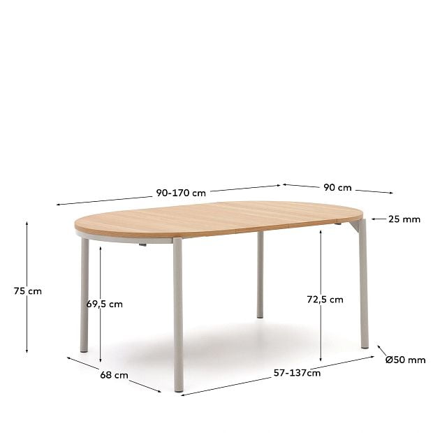 Montuiri Круглый раздвижной стол из дубового шпона с ножками серого цвета, Ø90(130) см
