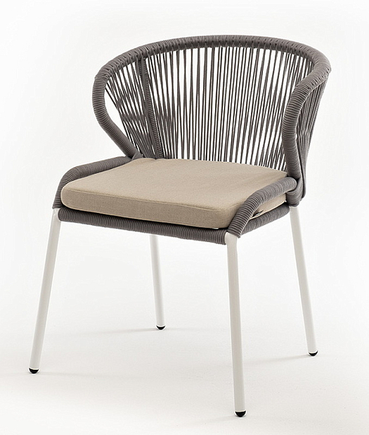 Milan "Милан" стул плетеный из роупа, каркас алюминий белый шагрень, роуп светло-серый круглый, ткань бежевая