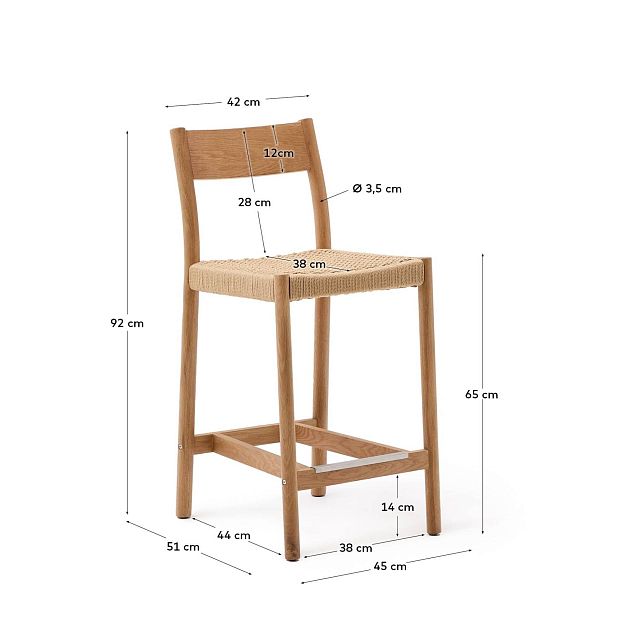 Analy Полубарный стул из массива дуба с натуральной отделкой и сиденьем из веревки 65 см