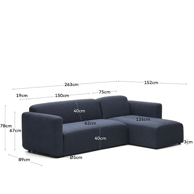 Neom Модульный диван с правым/левым шезлонгом синего цвета 263 см