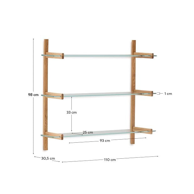 Модульная полка Sitra 3 стеклянные полки и каркас из массива дуба 110 см
