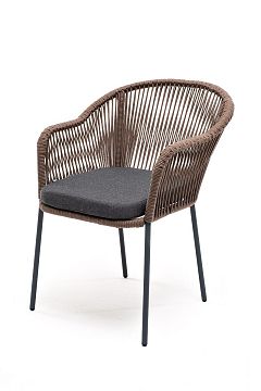 Lyon "Лион" стул плетеный из роупа, каркас из стали серый (RAL7022) шагрень, роуп коричневый круглый, ткань темно-серая