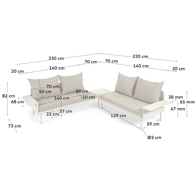 Угловой алюминиевый диван Zaltana с белой матовой отделкой 164 см