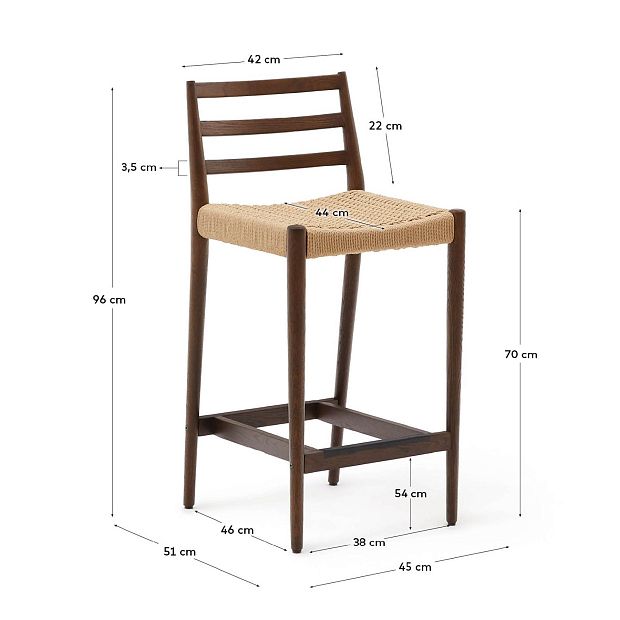 Analy Барный стул из массива дуба с отделкой под орех и сиденьем из веревки 70 см