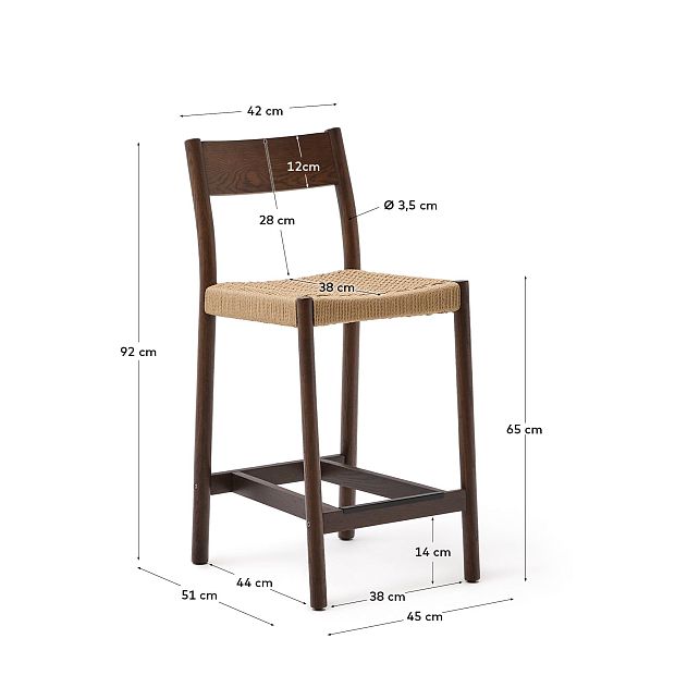 Analy Полубарный стул из массива дуба с отделкой под орех и сиденьем из веревки 65 см